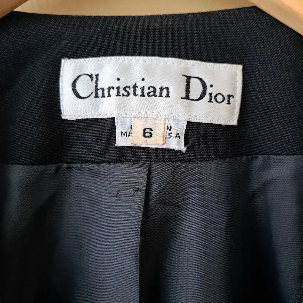 CHRISTIAN DIOR Vintage Black Collarless Blazer Jacket Sz 6 Minimalist Luxury 90s